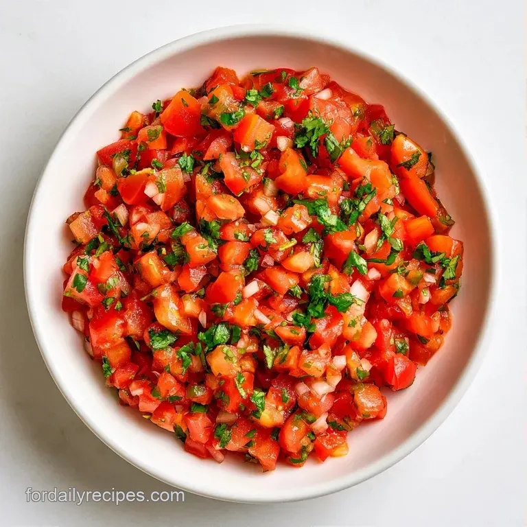 A bright red dip served in a white bowl surrounded by golden, salty corn tortilla chips on a wooden board.