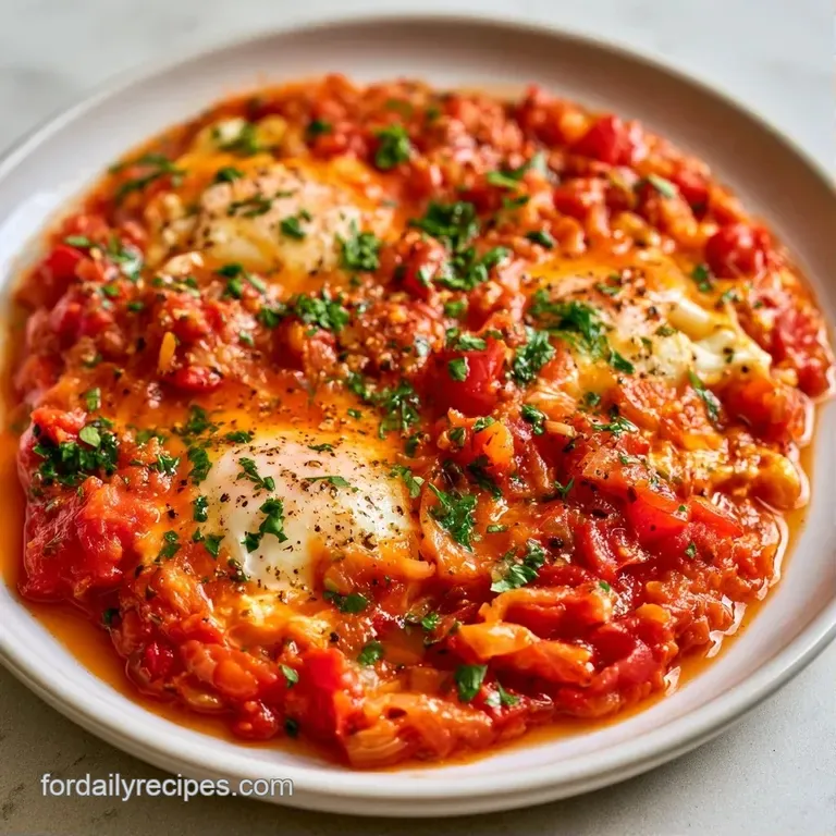 Simmering red pepper and tomato sauce with soft poached eggs, sprinkled with herbs in a heavy iron pan.