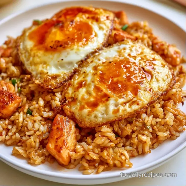 Two sunny-side-up eggs with lacy brown edges atop a neat mound of white rice in a ceramic bowl with a soy drizzle.