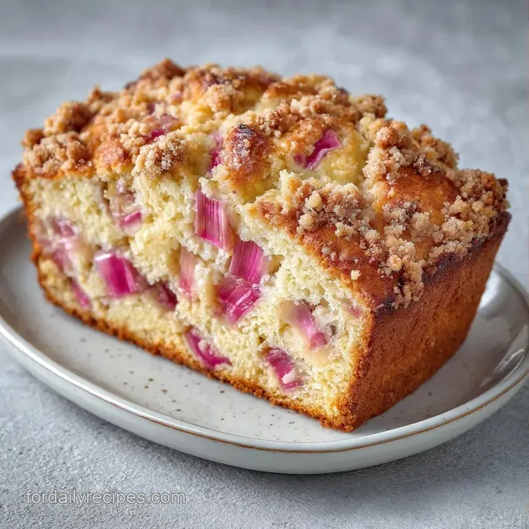 Warm slice of golden-brown bread with tart red fruit pieces and a sprinkle of cinnamon sugar on a ceramic plate.