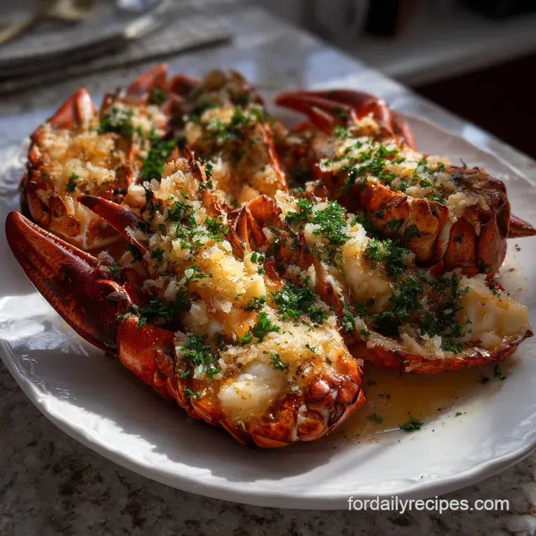 Elegant plate featuring a perfectly cooked lobster tail, creamy garlic butter sauce, and a side of golden roasted asparagus.