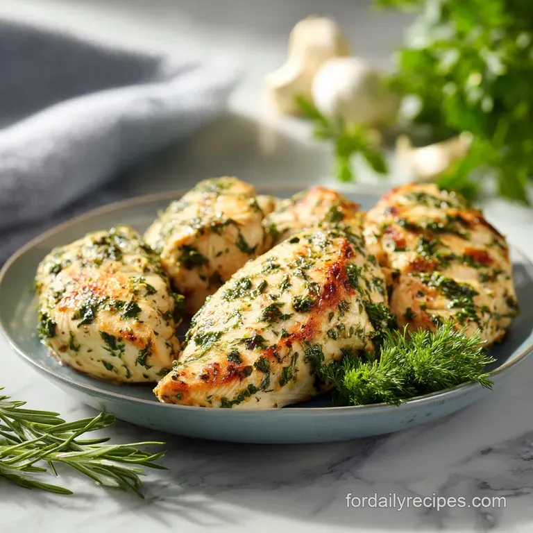 Perfectly seared chicken breast plated with roasted root vegetables, thyme sprigs, and a drizzle of pan sauce. Mouthwateri...