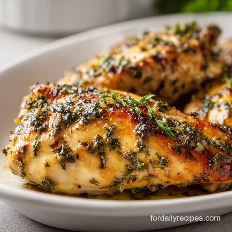 Perfectly plated chicken with herbs. The glossy, rich sauce coats the meat, atop a bed of greens with lemon wedges.