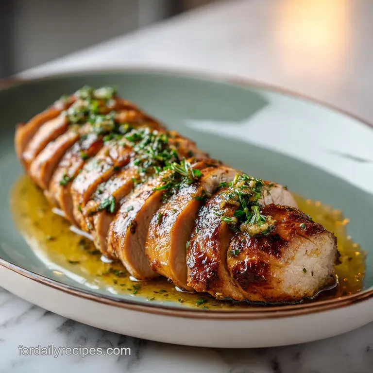 Perfectly sliced roast meat with a glossy glaze, paired with roasted root vegetables on a minimalist plate.