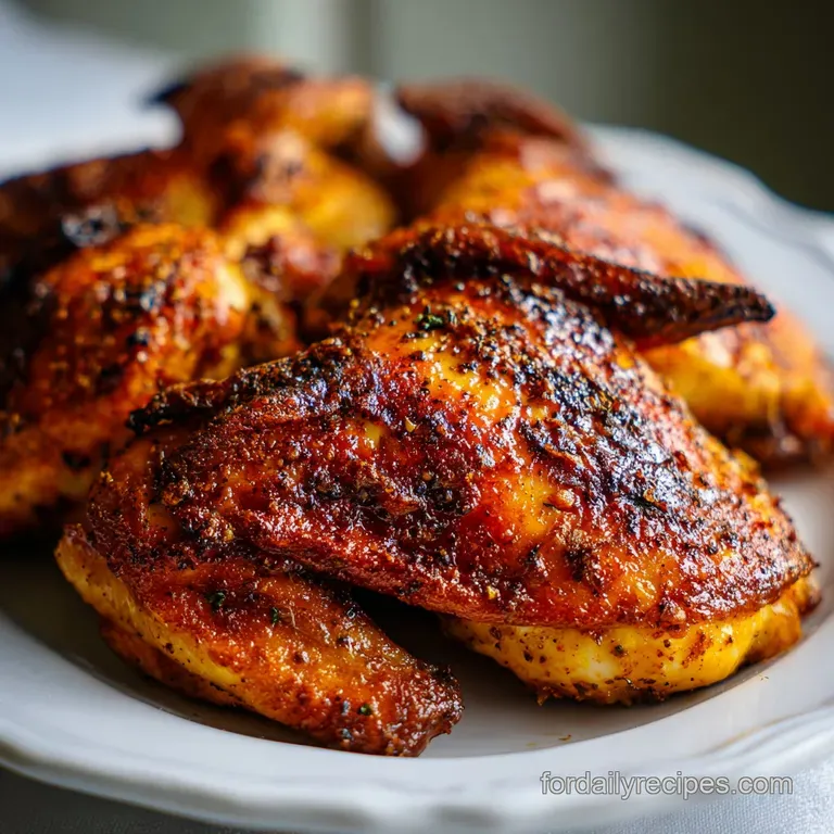 Glistening roasted chicken quarter served with a medley of tender, caramelized vegetables, and fresh herbs on a white plate.