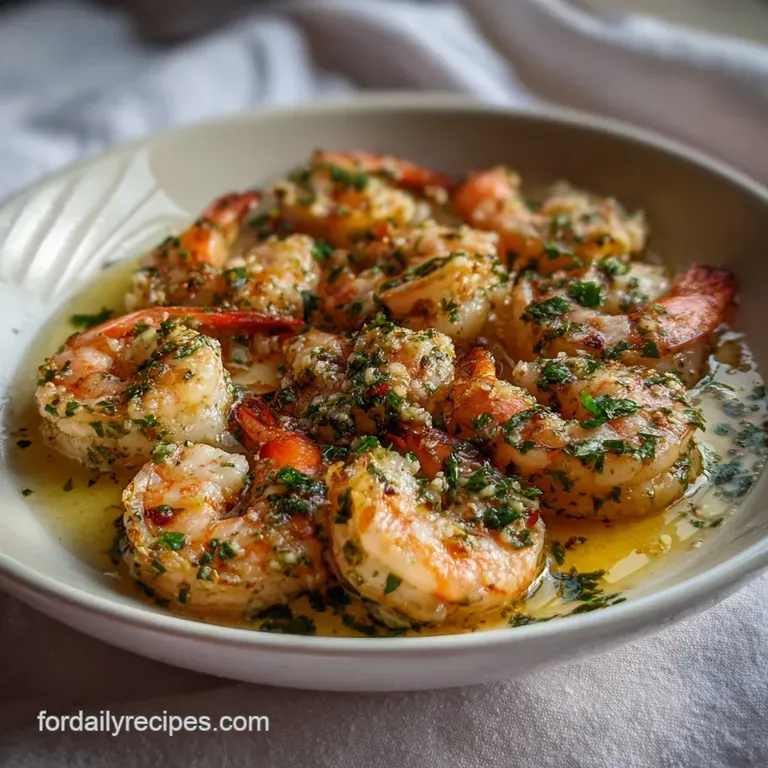 Elegant white plate showcasing perfectly cooked shrimp. The tender seafood sits atop a bed of creamy, light-colored pasta,...