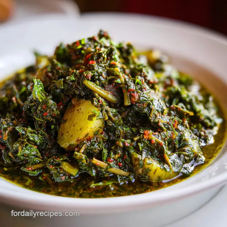 A vibrant green Persian stew served in a ceramic bowl, garnished with a dollop of yogurt and fresh herbs, inviting and fla...