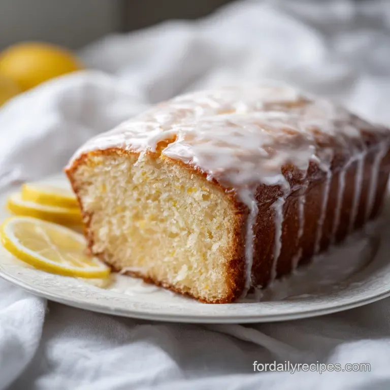 A moist slice of citrus cake on a white ceramic plate, garnished with a fresh mint leaf and a thin lemon wheel.