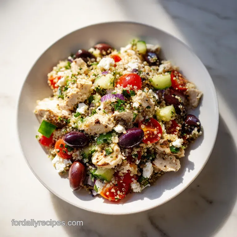 A beautifully plated bowl of quinoa salad, artfully arranged with colorful vegetables and a drizzle of dressing.