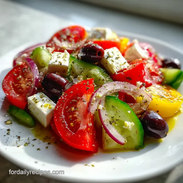 Artfully arranged Greek salad: glossy olive oil coats chunky vegetables, feta crumbles artfully. A vibrant, Mediterranean ...