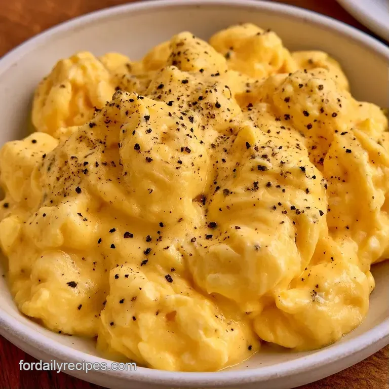 Soft yellow egg curds piled high on a ceramic plate, garnished with sliced scallions and a sprinkle of black pepper.