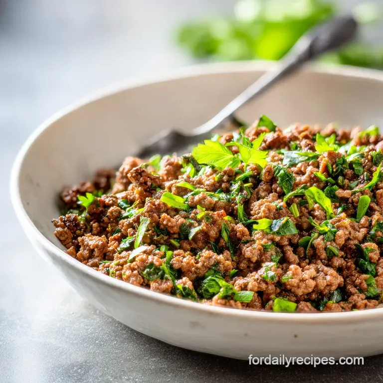 Close-up shows a rustic white plate with tender ground beef, fragrant herbs, and golden garlic, drizzled with savory pan d...