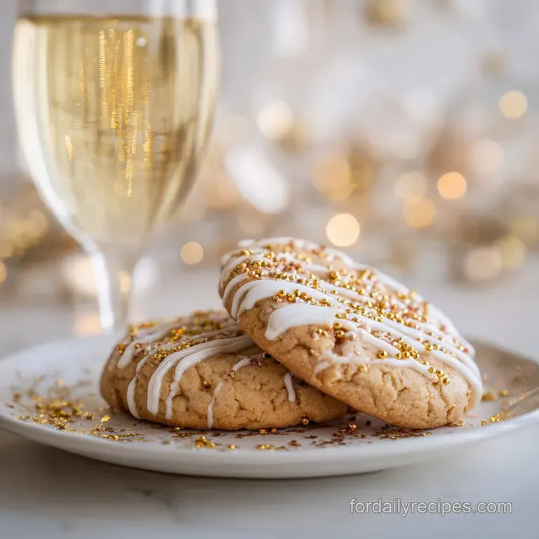 Elegantly arranged New Year cookies on a white plate, dusted with powdered sugar and garnished with edible glitter for a f...