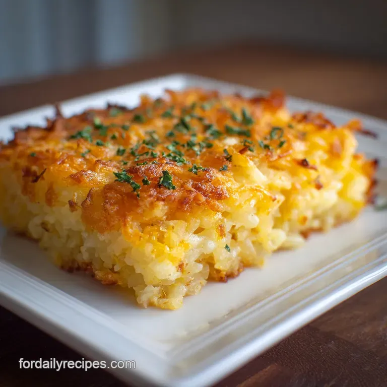 Creamy hash brown casserole elegantly plated, topped with a crispy, golden crust and a sprinkle of fresh parsley. Warm and...