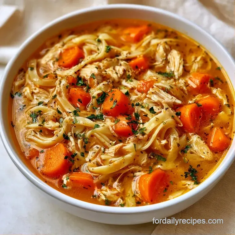 A white ceramic bowl of golden broth and vegetables, garnished with fresh parsley and a side of crusty toasted bread.