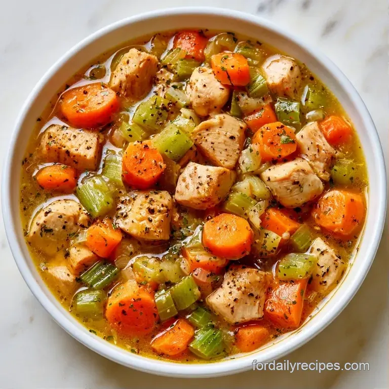 Vibrant garden vegetables and tender chicken in a white bowl, accented by a sprig of fresh parsley and a silver spoon.