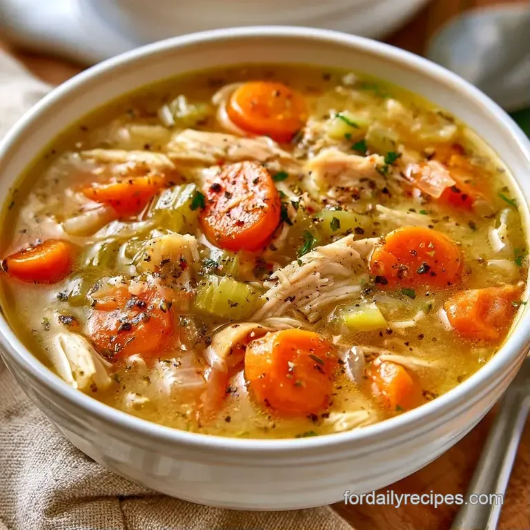 A steaming white ceramic bowl of golden broth with colorful vegetables, paired with crusty toasted sourdough.