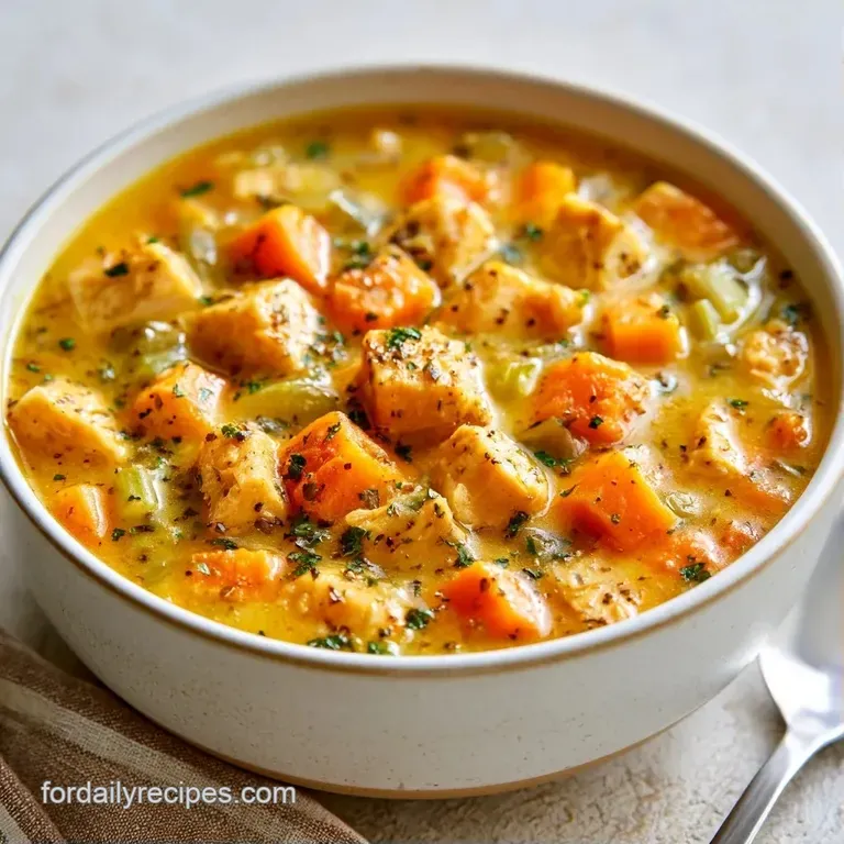Elegant white bowl of golden soup topped with a bright lemon wheel and fresh parsley on a neutral tablecloth.