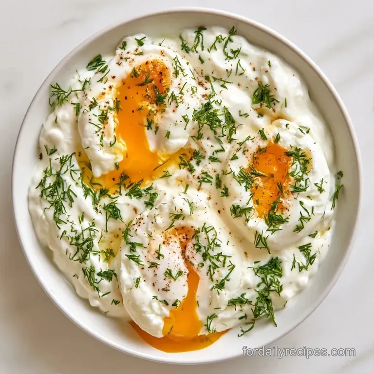White ceramic bowl of poached eggs on thick yogurt, drizzled with orange spiced oil and served with toasted bread.