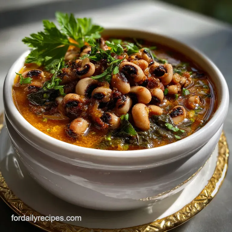 Elegant plating: a single serving of black-eyed peas in a white bowl, garnished with fresh herbs and a drizzle of olive oi...