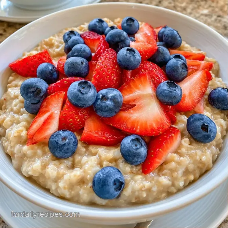 Smooth white porridge in a ceramic bowl, neatly topped with a colorful medley of fresh berries and mint leaves.