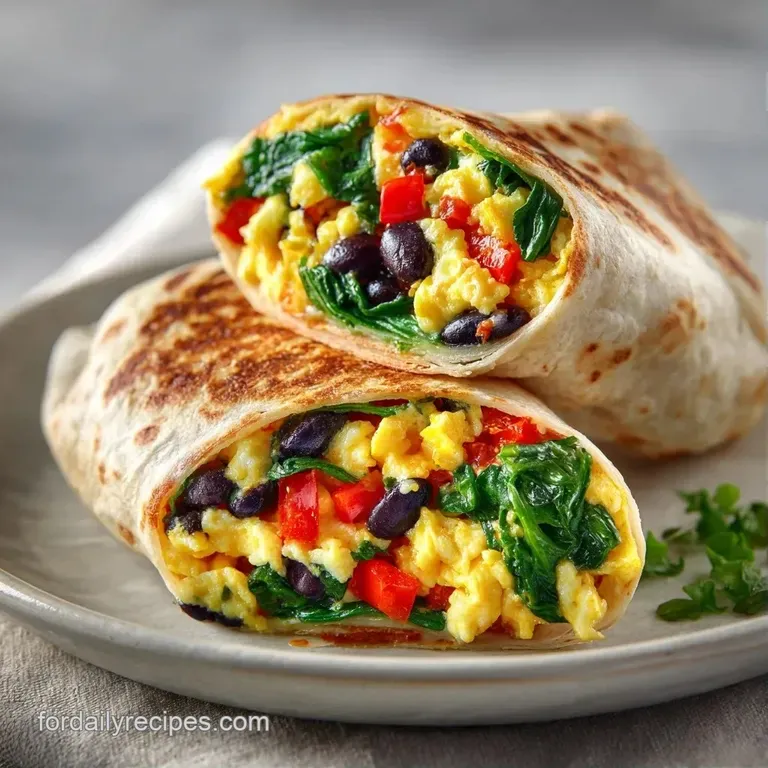 Sliced breakfast burrito revealing fluffy yellow eggs, black beans, and bright green avocado on a white plate.