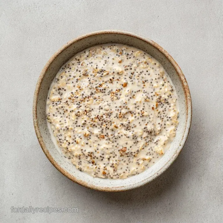 A clear glass jar filled with creamy, speckled oats, crowned with a swirl of almond butter and fresh raspberries.
