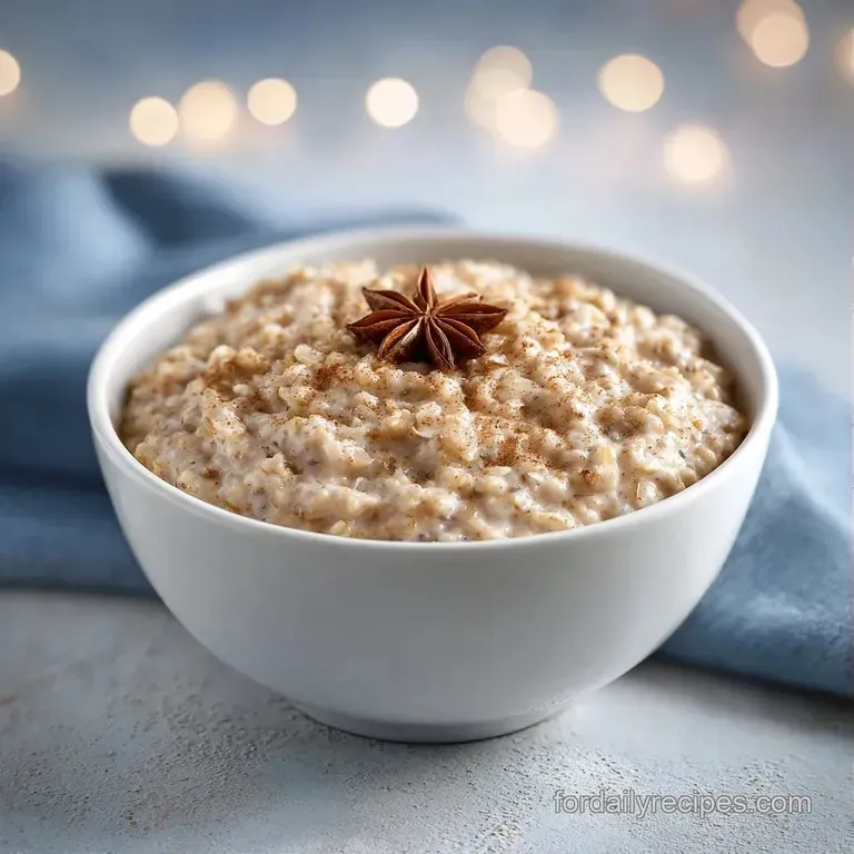 Creamy beige porridge in a white ceramic bowl, garnished with bright blueberries and a mint leaf on a linen cloth.