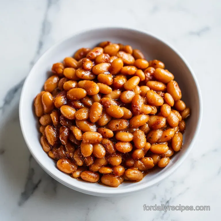 A rustic earthenware dish brimming with glossy, slow-cooked beans, hinting at smoky depth.