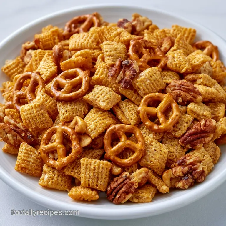 A rustic wooden bowl overflowing with salty, golden cereal squares, crunchy pretzels, and toasted nut pieces.