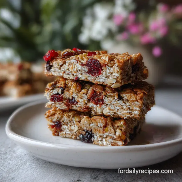 A single granola bar, halved to showcase chunky oats and dried fruit, alongside scattered ingredients on a rustic wooden b...
