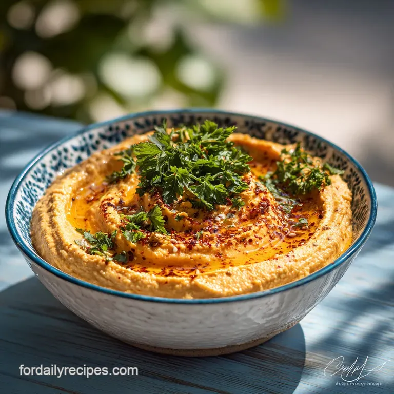Elegant swirl of creamy hummus on a white plate, garnished with bright parsley, earthy paprika, and glistening olive oil d...