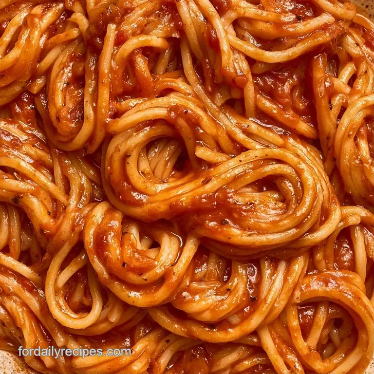Artfully twirled pasta in a rich crimson sauce on a white plate, topped with a fresh basil leaf and cracked pepper.