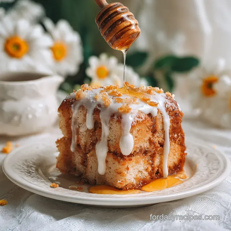 Individual honey bun cake slice, expertly plated. Fluffy crumb, rich glaze, inviting warm hues, on a pristine white plate,...
