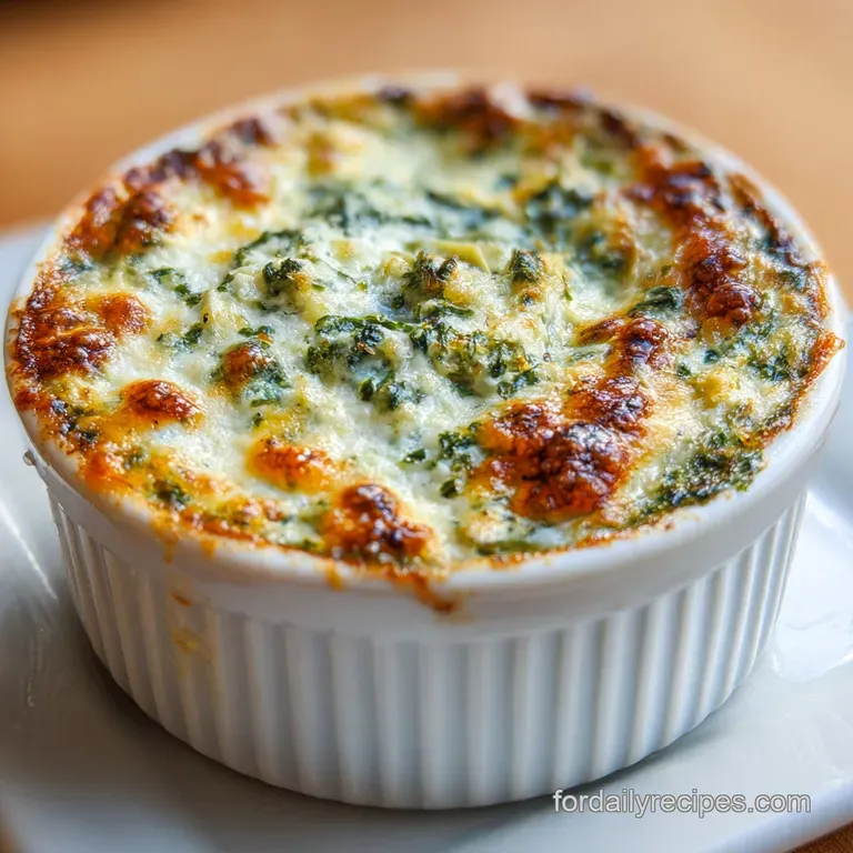 Warm spinach artichoke dip, a creamy golden brown swirl, garnished with fresh parsley, elegantly presented in a ramekin.