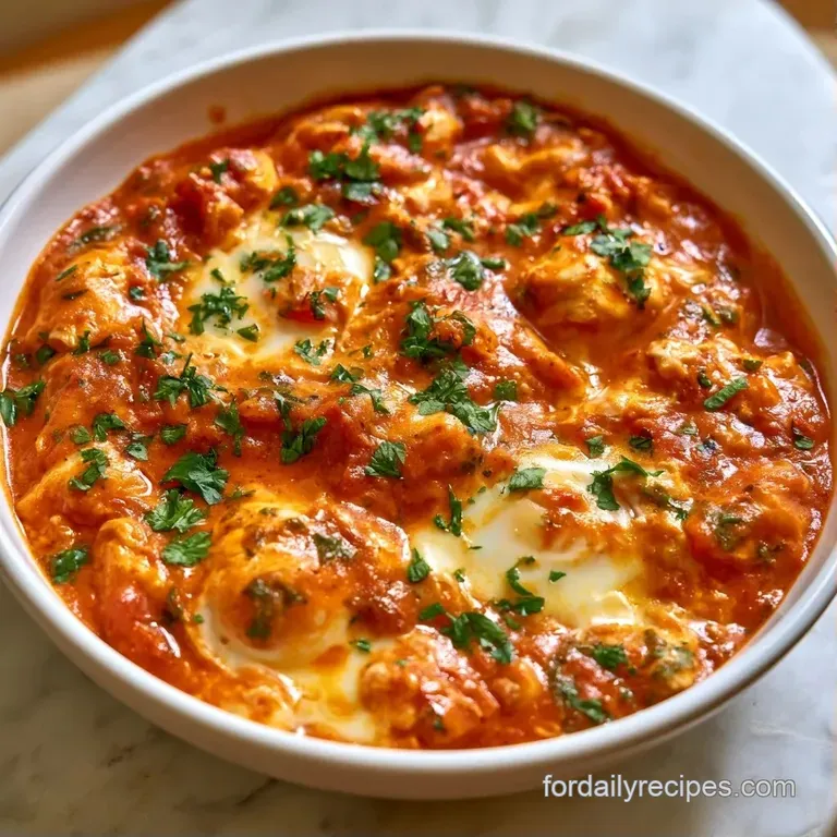 A cast-iron skillet of bubbling orange-red sauce with soft eggs, served alongside toasted naan on a rustic table.