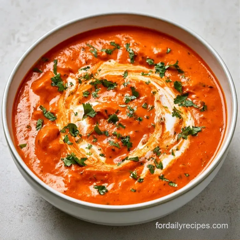 A white ceramic bowl filled with creamy orange stew, paired with toasted garlic naan and a side of fluffy basmati rice.