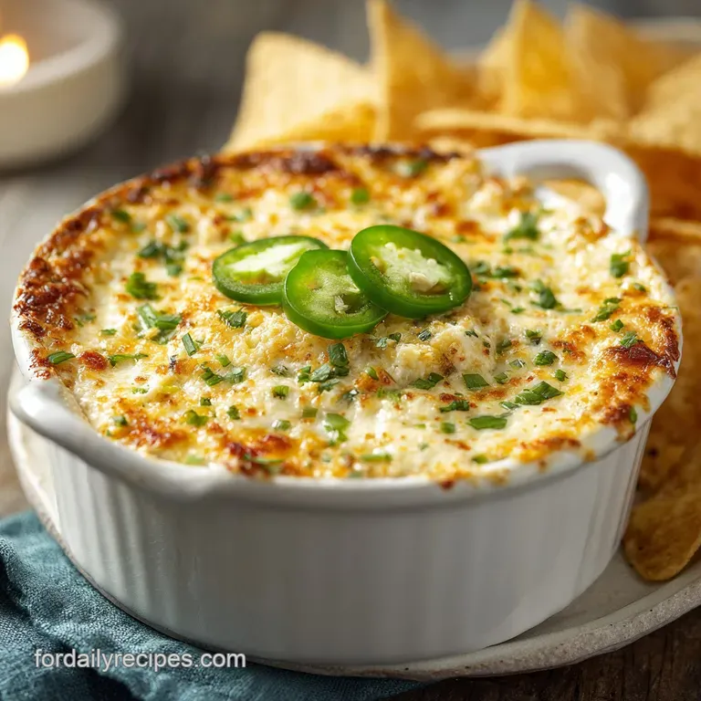 Creamy jalapeno dip overflowing from a cast iron skillet, garnished with crispy bacon and vibrant green jalapenos.