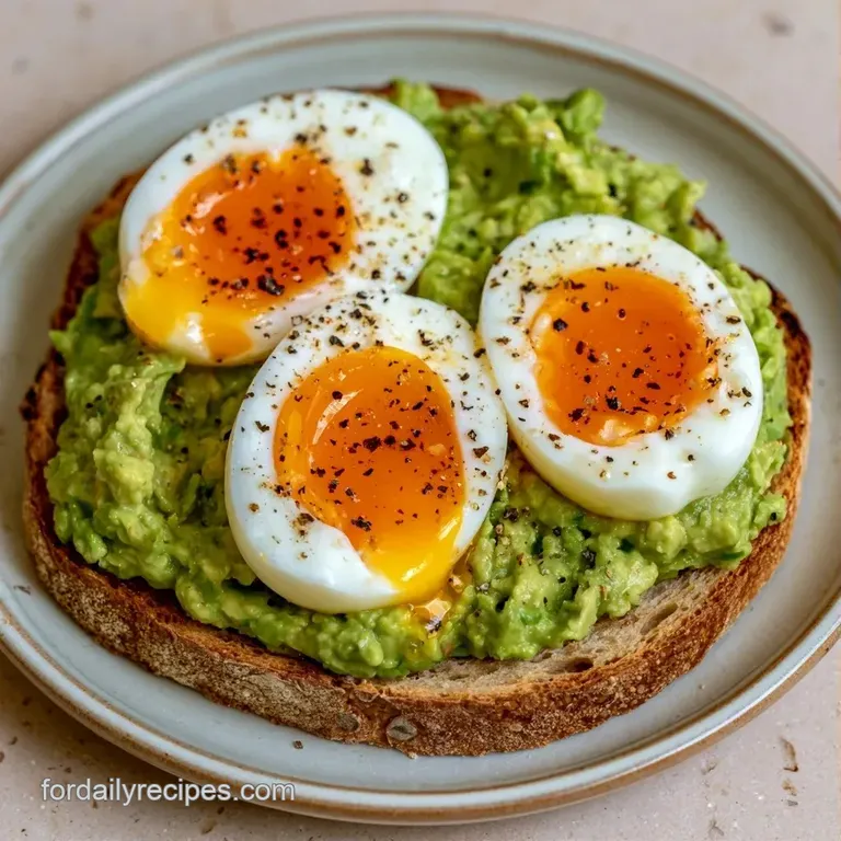 Soft-boiled egg halves resting on a vibrant green avocado spread, sprinkled with red pepper flakes on white ceramic.