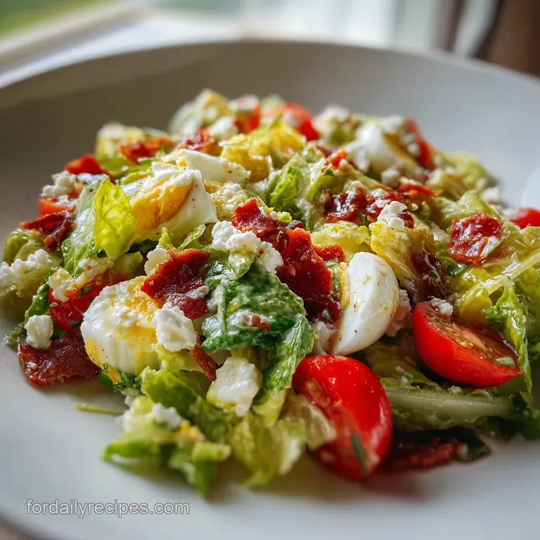 Neatly arranged chopped salad on a white plate, showing distinct layers of crisp lettuce, colorful vegetables, and cheese.
