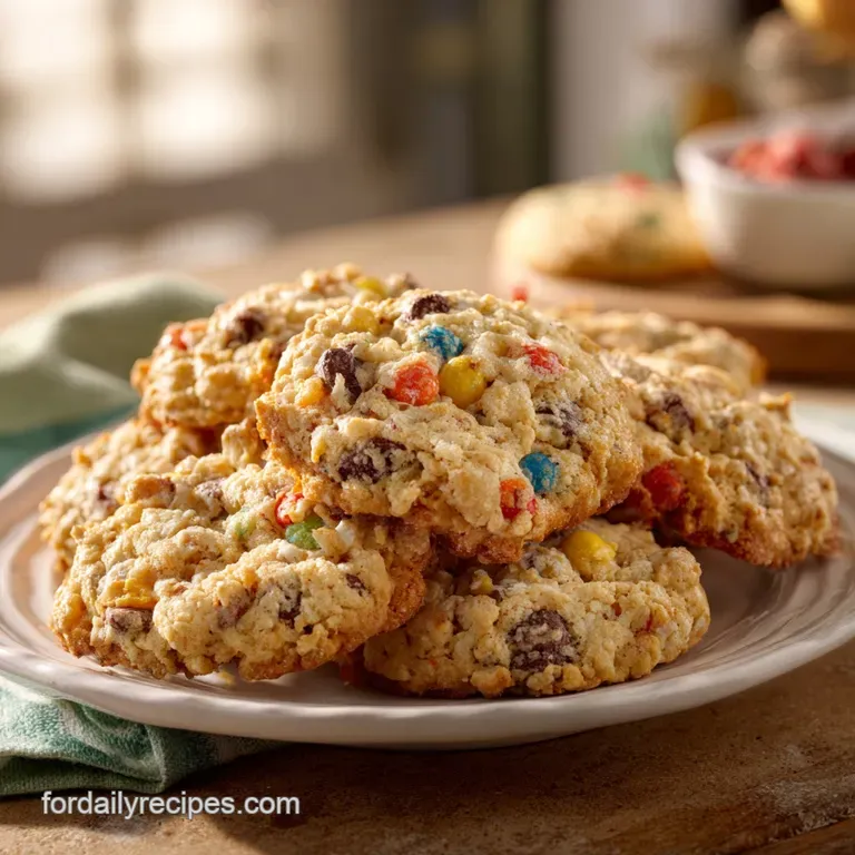 A rustic arrangement of cowboy cookies on a wooden board with a scattering of toasted oats.