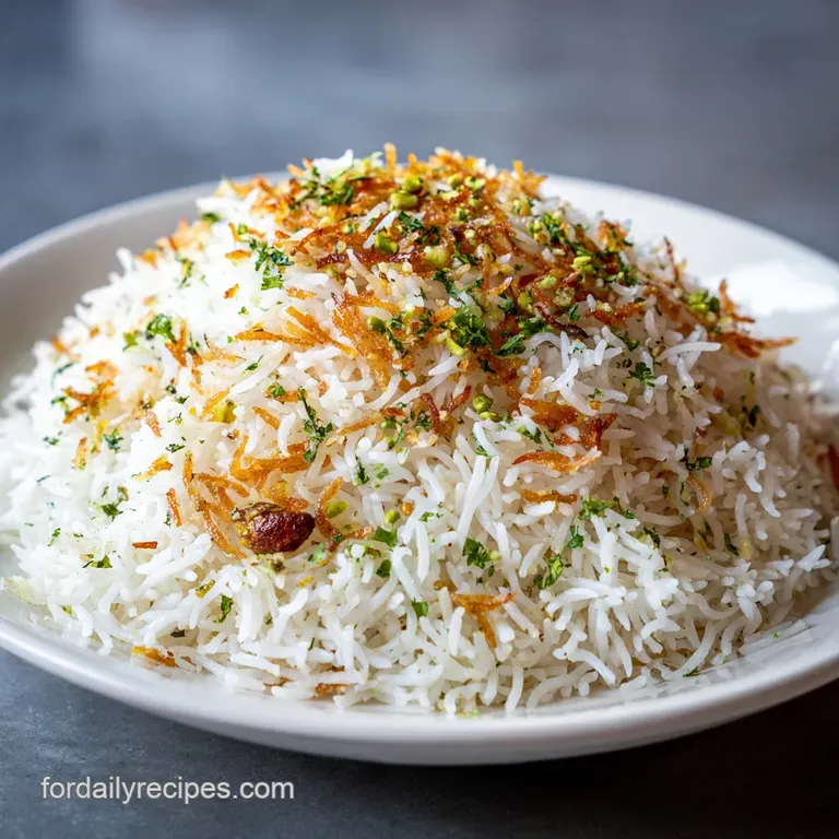 A sculpted mound of delicate rice and vermicelli, glistening with oil, sits on a white plate, ready to be served.