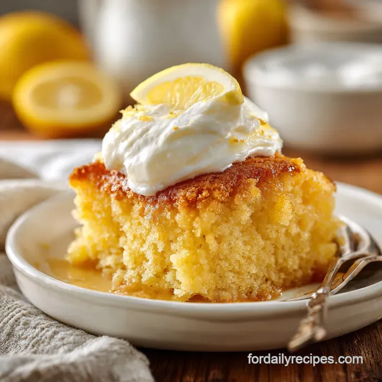 A slice of bright, moist lemon cake with fluffy cream and a dusting of powdered sugar on a white plate.