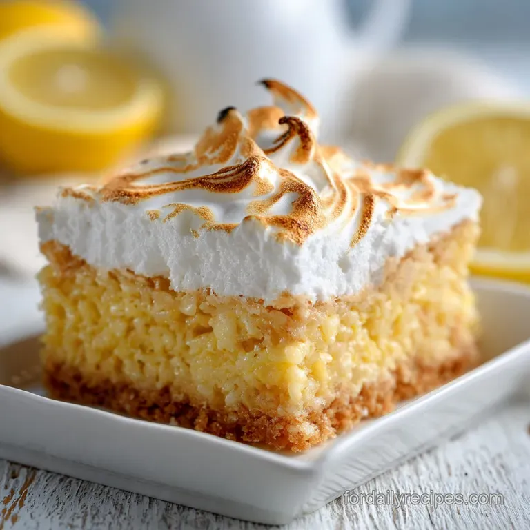 A glistening, pale yellow treat adorned with cloud-like toasted meringue and a sprinkle of zest.