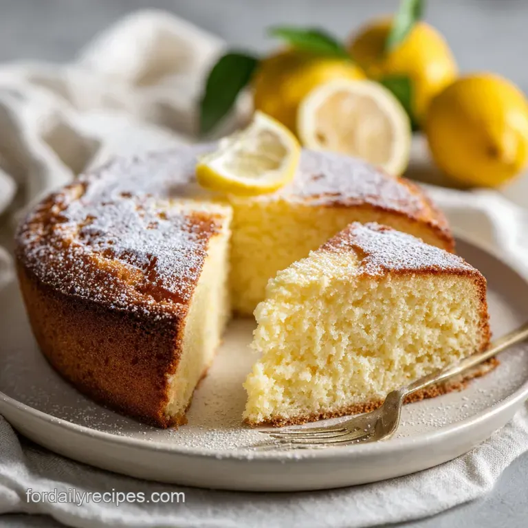 An elegant slice of lemon pound cake, glistening with a light glaze, artfully placed next to fresh berries.