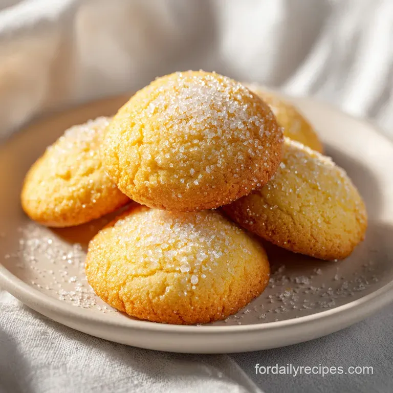 A neat stack of pale yellow cookies on a white plate, garnished with a bright lemon slice and a dusting of sugar.
