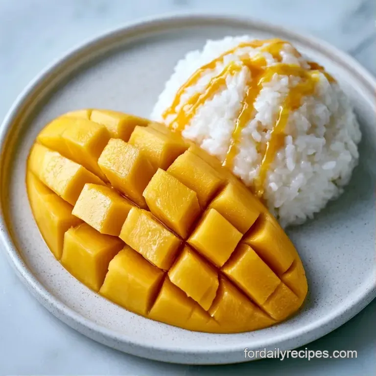 Fan-shaped yellow mango slices beside a scoop of glistening pearlescent rice on a minimalist white plate.