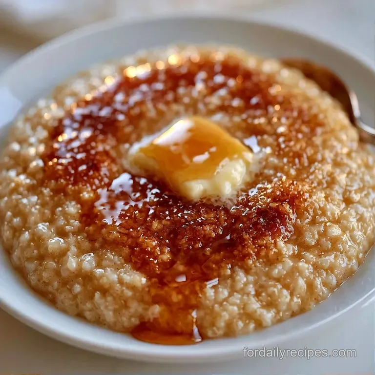 Golden-brown cooked grains in a minimalist white bowl set on a rustic linen cloth with a small syrup pitcher.