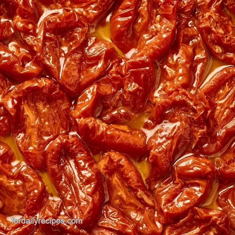 Shriveled deep red tomatoes and sliced garlic cloves drizzled in glistening oil on a white ceramic platter.