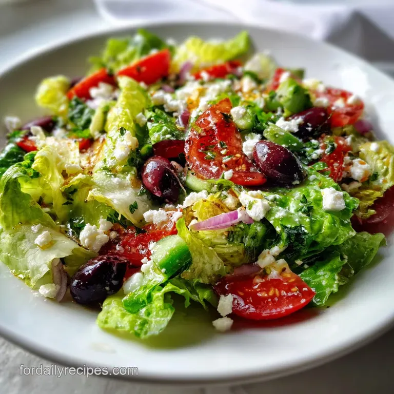 A mound of bright green lettuce salad artfully arranged, topped with crumbled feta and a generous drizzle of olive oil.